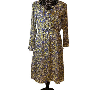 Gabby Skye Gray Blue Yellow Watercolor‎ LS MIDI Dress Size 8 Lined Cami